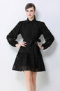 Women's Hollow Out Lace Puff Sleeve Button Mini Dress - LAI MENG FIVE CATS