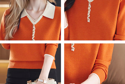 Women's Contrast-Collar Knit Top — Faux Button Placket