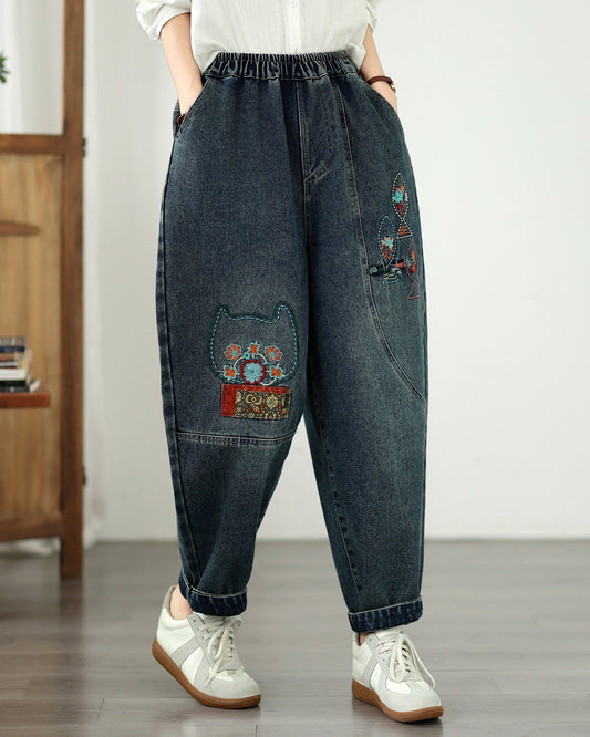 Vintage Embroidered Denim Harem Pants Ethnic Loose Fit Boyfriend Jeans - LAI MENG FIVE CATS