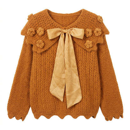 28725 Floral Bow Knit Sweater in Orange & Apricot