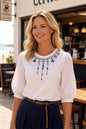 Embroidered Sheer Sleeve Blouse – Elegant 3/4 Sleeve Loose Fit Top