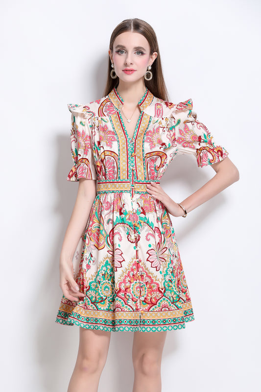 Women's Puff Sleeve V-Neck Print Split Mini Dress