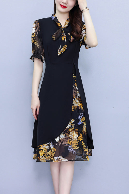 Women's Tie V-Neck Short Sleeve A-line Midi Dress