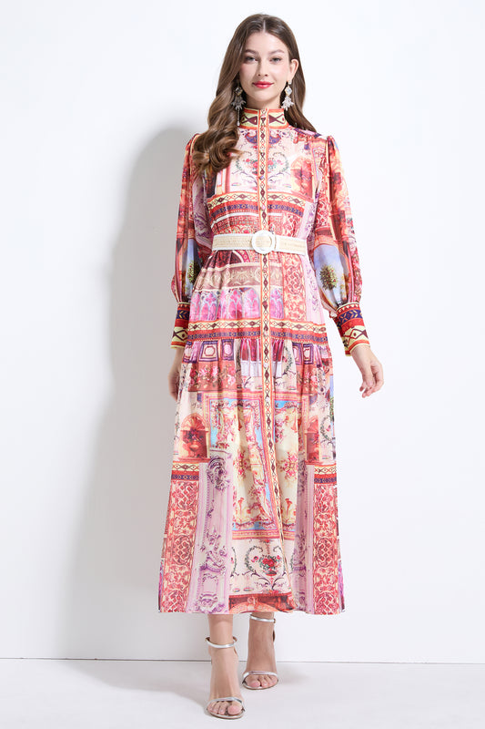 Women's Printed High-neck Puff Sleeves Maxi Dress