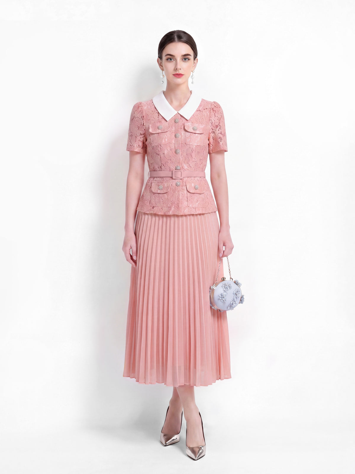 Pink Lace Pleated Midi Dress with Belt