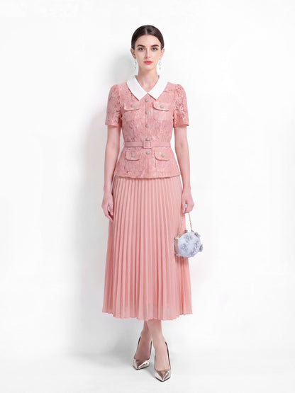 Pink Lace Pleated Midi Dress with Belt