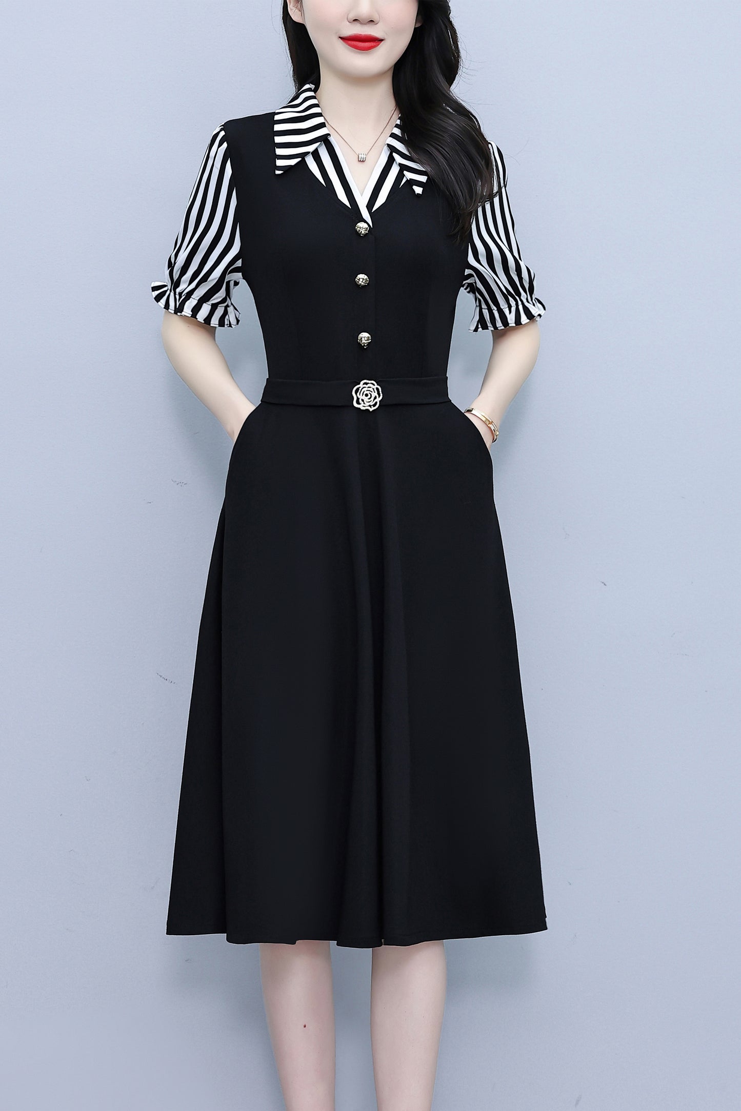 Women's Lapel V-Neck Pocket Short Sleeve Midi Dress - LAI MENG FIVE CATS