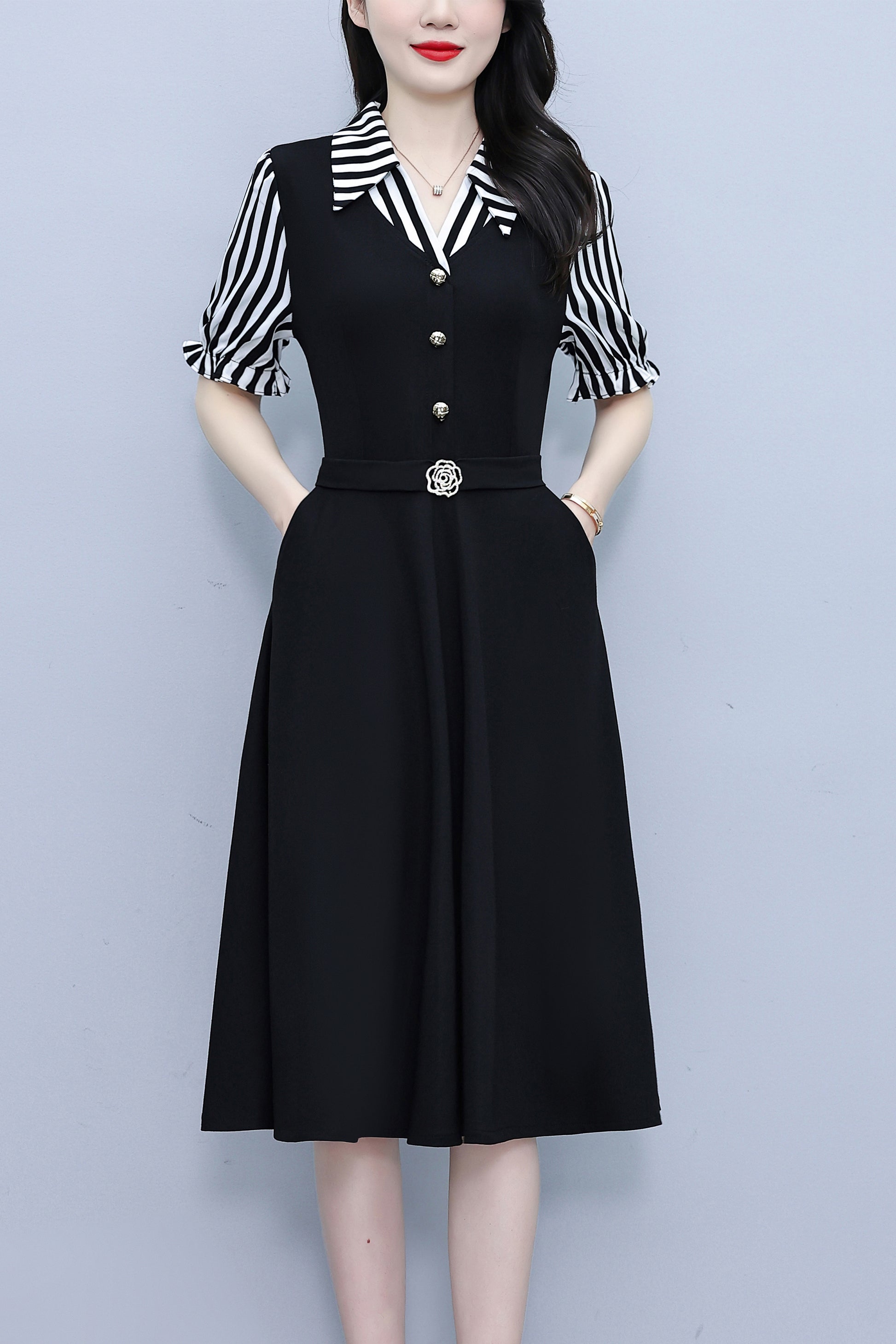 Women's Lapel V-Neck Pocket Short Sleeve Midi Dress - LAI MENG FIVE CATS