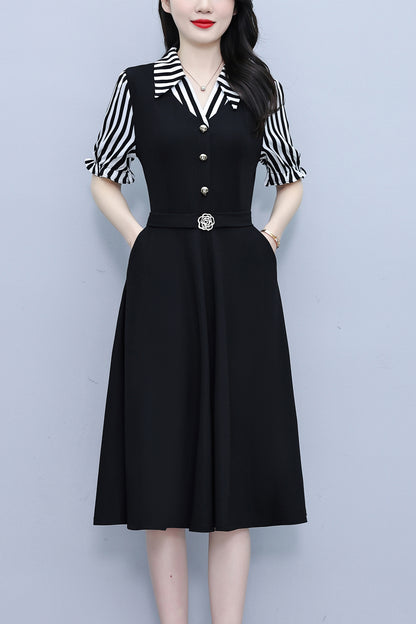 Women's Lapel V-Neck Pocket Short Sleeve Midi Dress - LAI MENG FIVE CATS