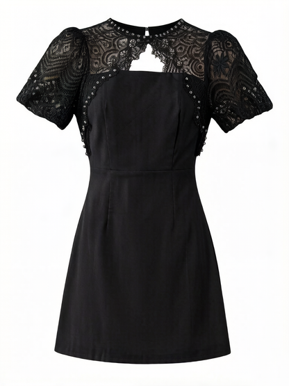 Black Lace Beaded Mini Dress – Elegant Puff Sleeve Cocktail Dress