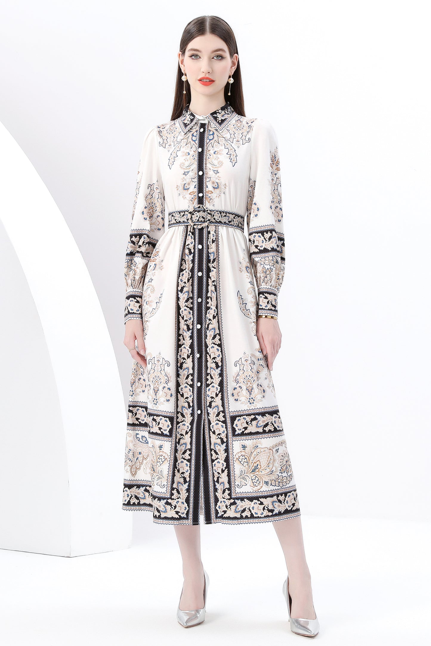 Women's Floral Long Sleeve Shirt Collar Maxi Dress