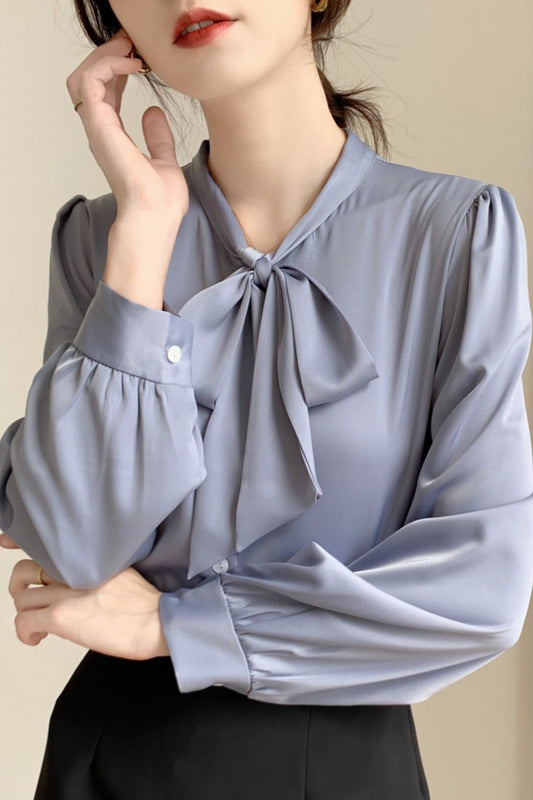 Women's Stain Shirt Tie Neck Long Sleeve Blouse Top