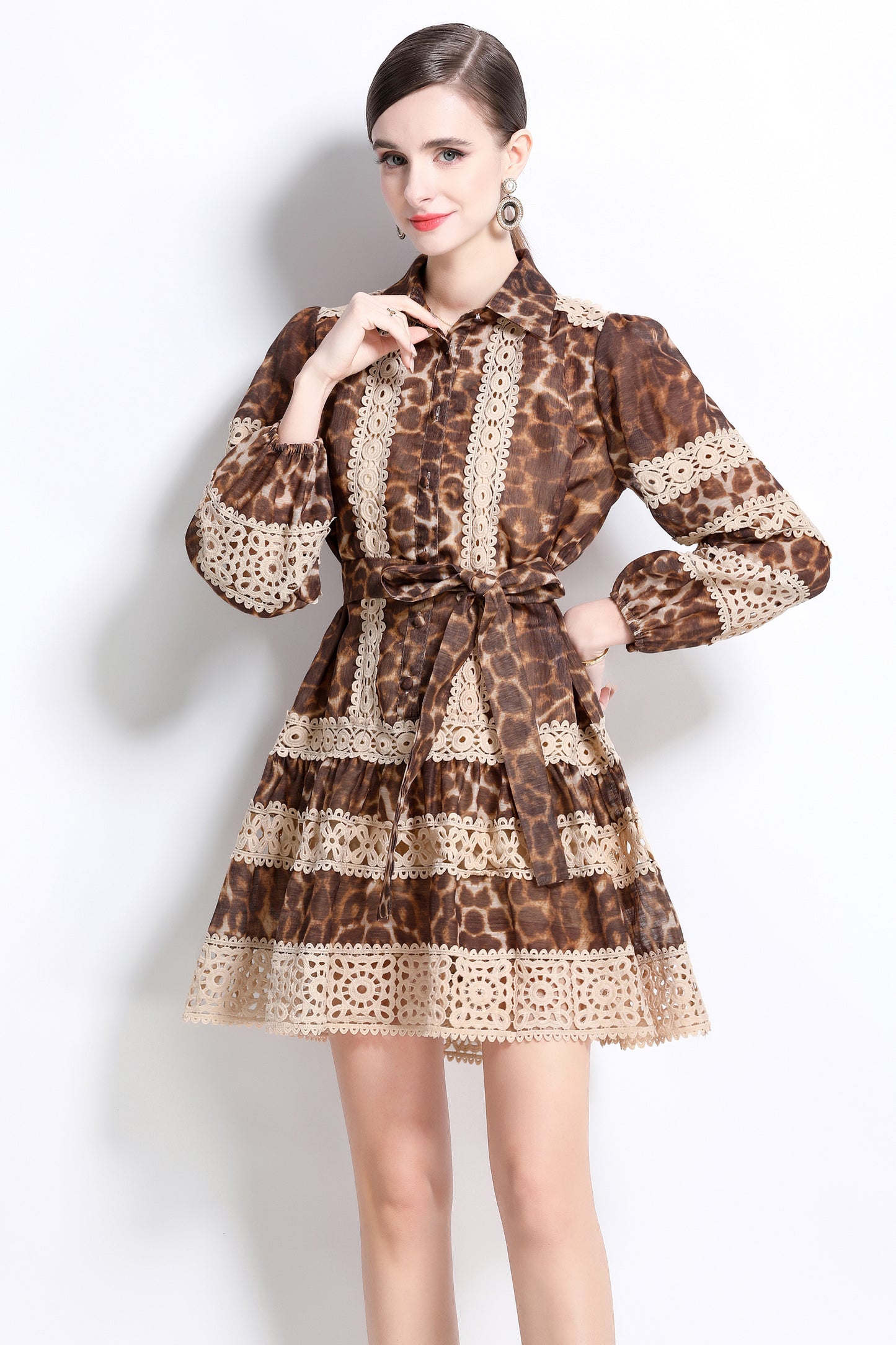 Women's Leopard Print Lace Puff Slleve Mini Dress