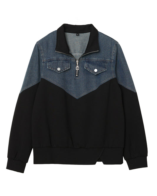 Denim Contrast Half-Zip Sweatshirt | Early Fall Casual