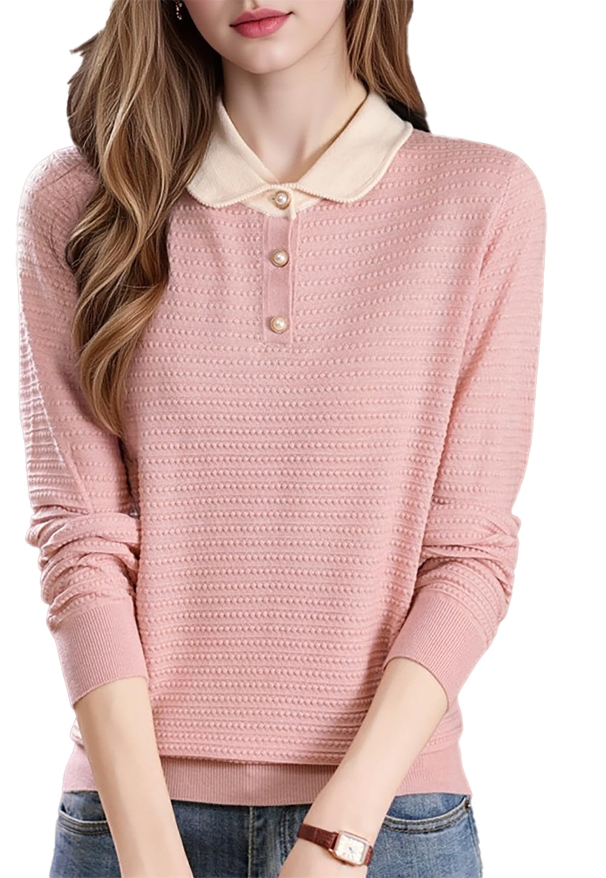 Long-Sleeve Knit Top — Polo Sweater Contrast Collar & Pearl Buttons