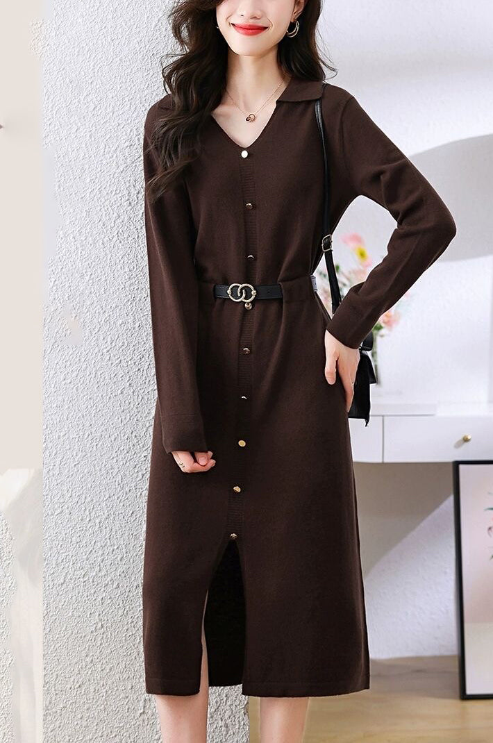 Elegant Lapel V-Neck Knit Midi Dress: Button Decoration & Belted Waist