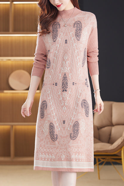 Women's Fall Long Sleeve Knitted Sweater Midi Dress