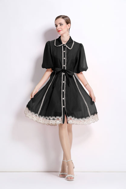 Black Lace Trim Chiffon Dress
