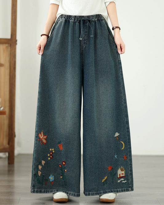 Vintage Embroidered Wide-Leg Jeans with Elastic Waist