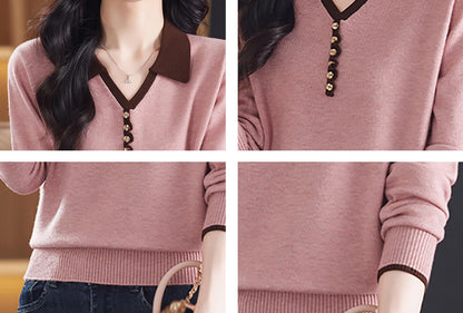 Women's Contrast-Collar Knit Top — Faux Button Placket