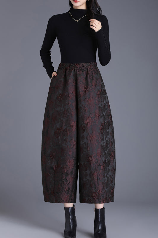 High Waisted Jacquard Cropped Loose Pants