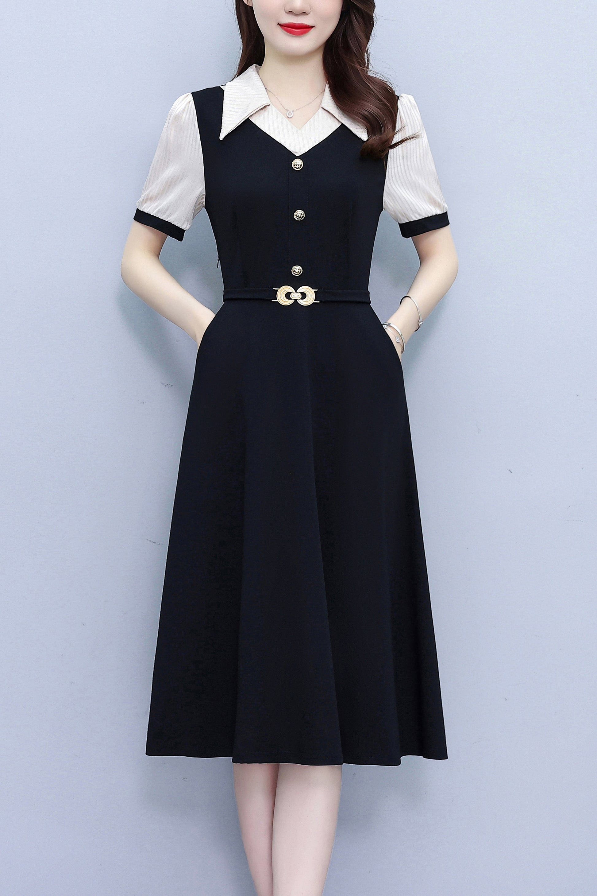 Women's Lapel V-Neck Pocket Short Sleeve Midi Dress - LAI MENG FIVE CATS