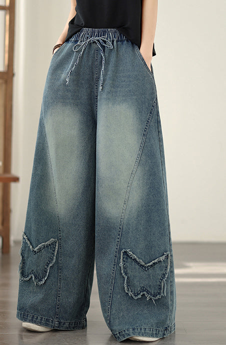 Wide-Leg Drawstring Jeans with Butterfly Fringe Detail - LAI MENG FIVE CATS