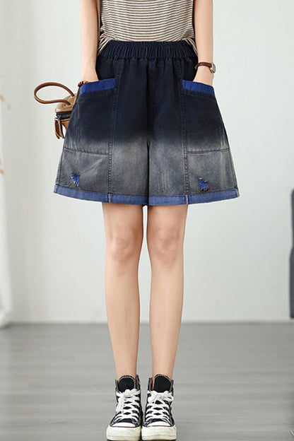 Women's Baggy Pull On Jeans Ripped Denim Shorts - LAI MENG FIVE CATS