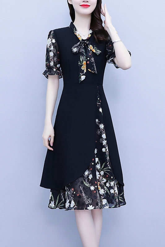 Women's Tie V-Neck Short Sleeve A-line Midi Dress