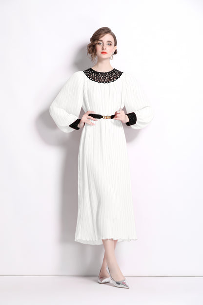 Puff Sleeve Lace Patchwork Midi Dress