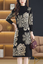 Women's Long Sleeve Print Ribbed Knitted Sweater Dress