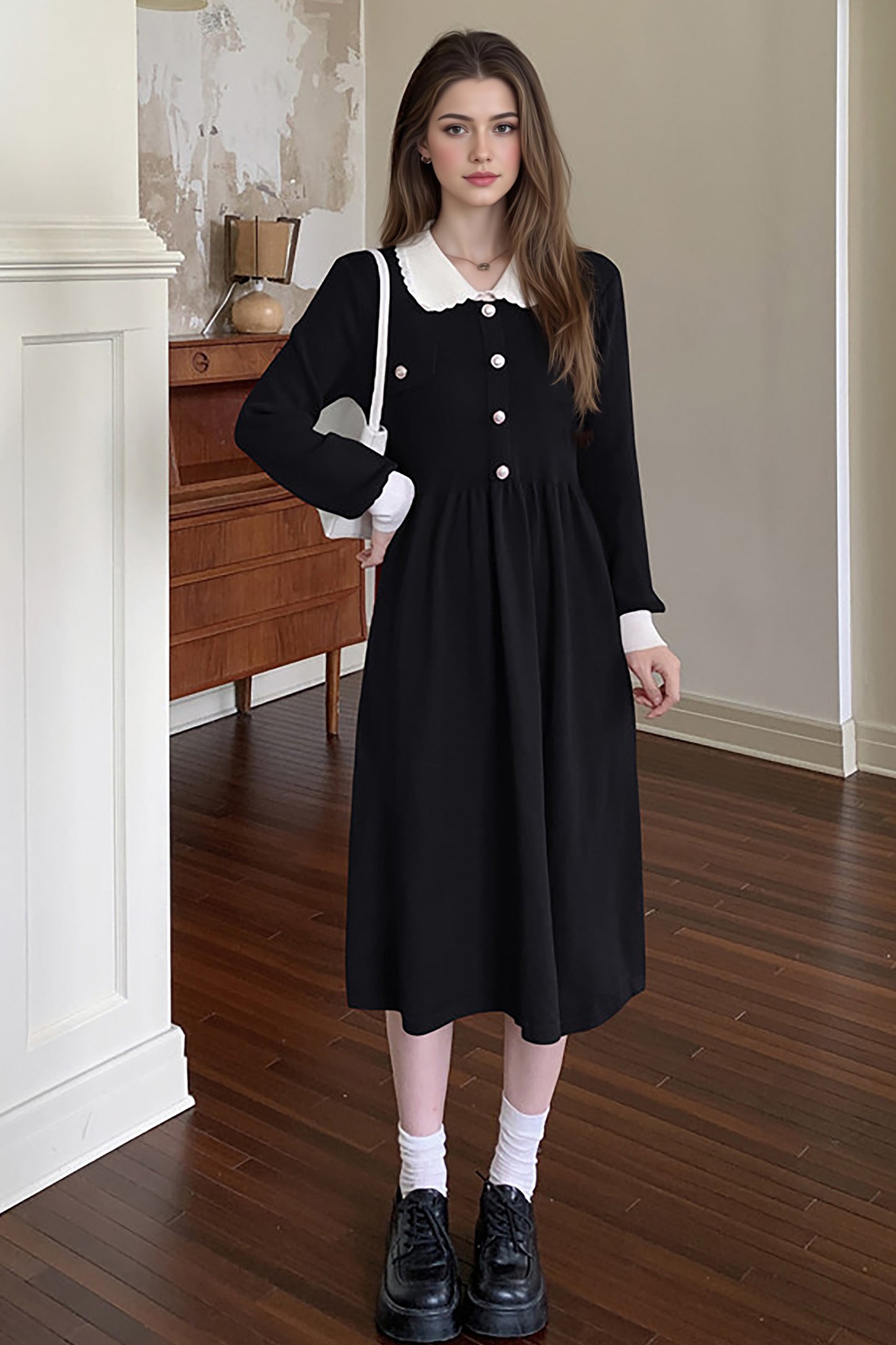 Women's Peter Pan Collar Ribbed Knit Sweater Midi Dress