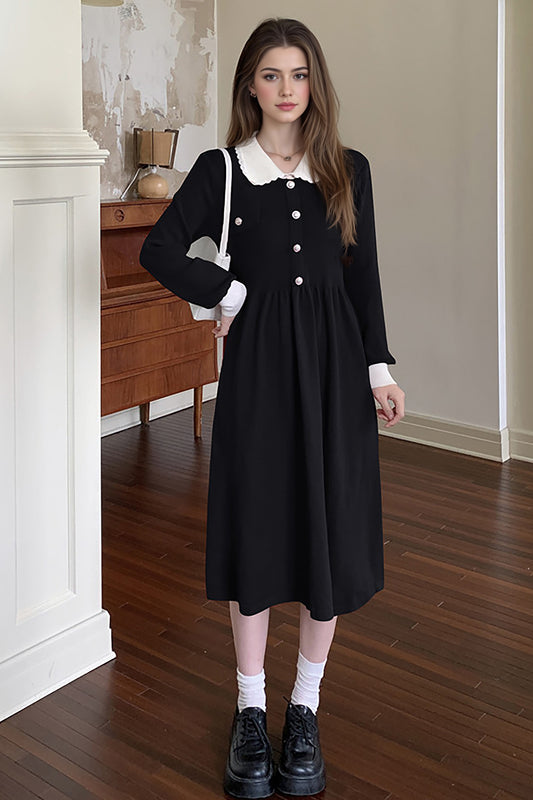 Women's Peter Pan Collar Ribbed Knit Sweater Midi Dress