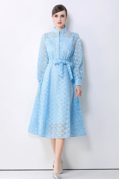 Women's Lace Lantern Sleeve Button Midi Dress