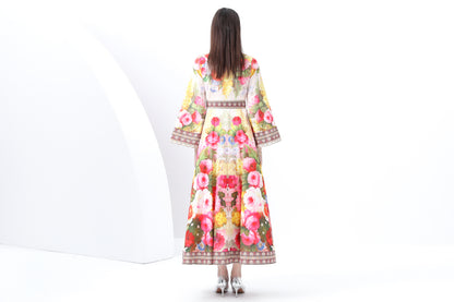 Women's Floral Print Bell Sleeves Maxi Dress