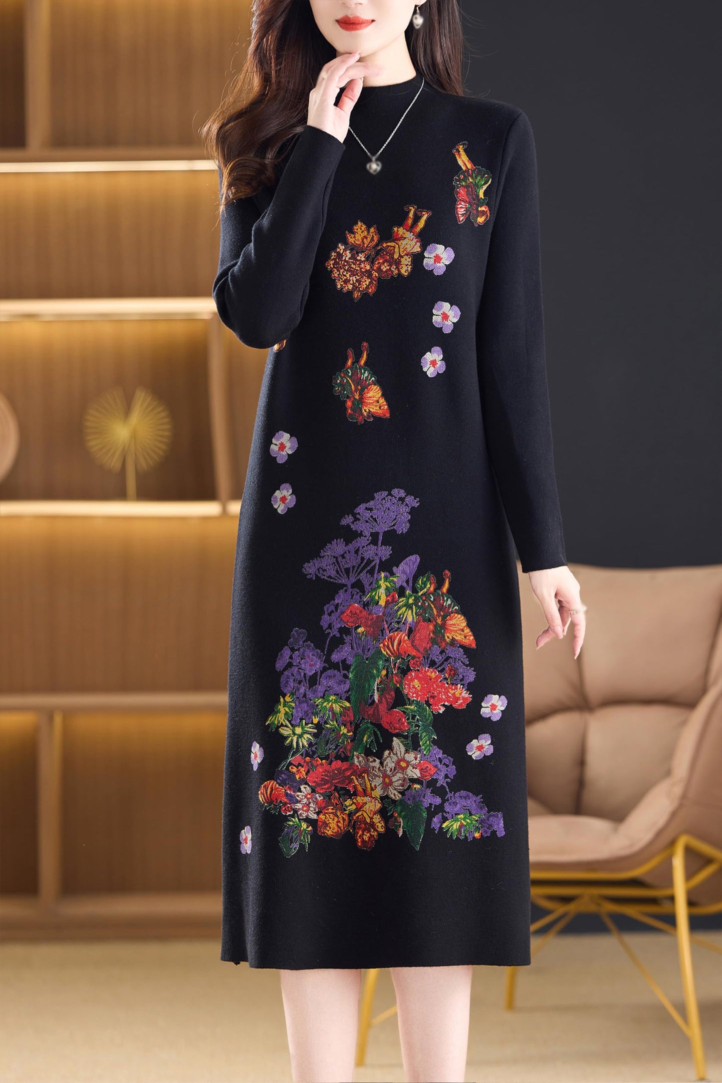 Fall Knitted Stretch Pullover Sweater Elegant Midi Dress