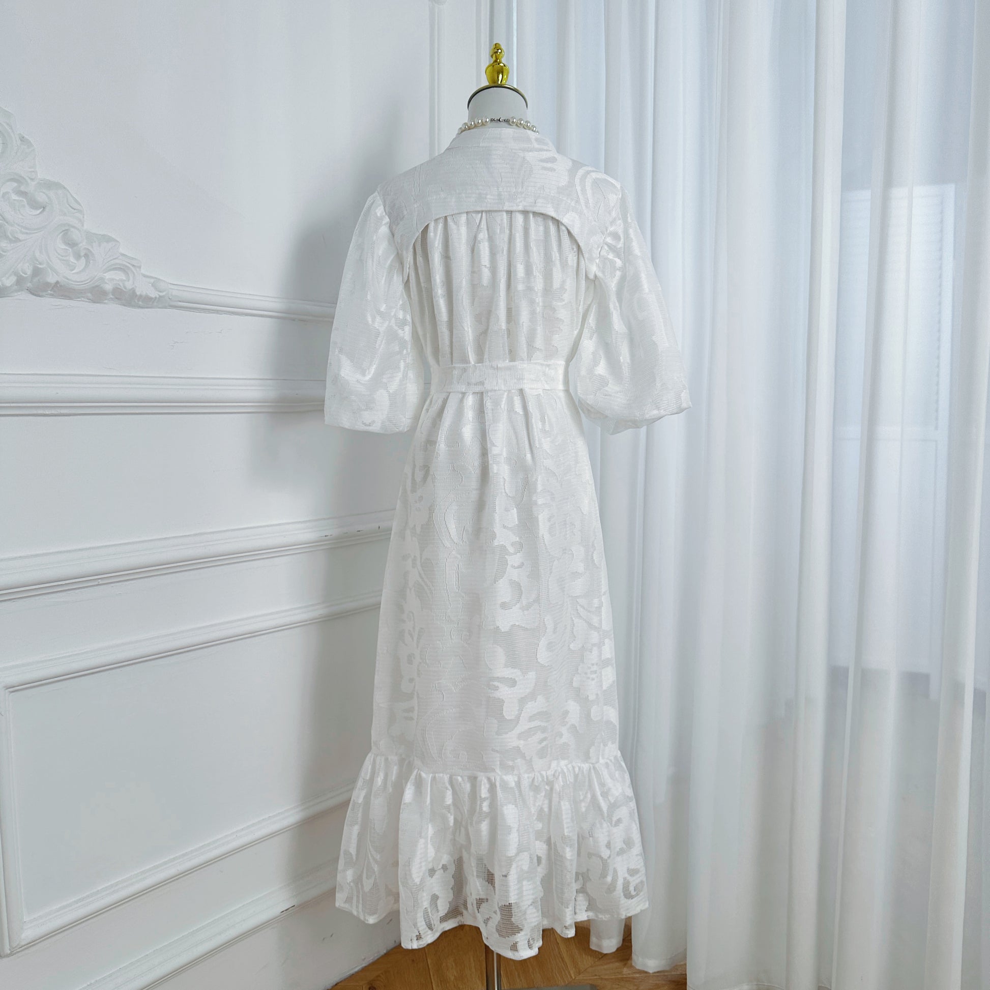 Loose Lace Midi Dress with Front Buttons, Ruffle Hem & Fully Lined - LAI MENG FIVE CATS