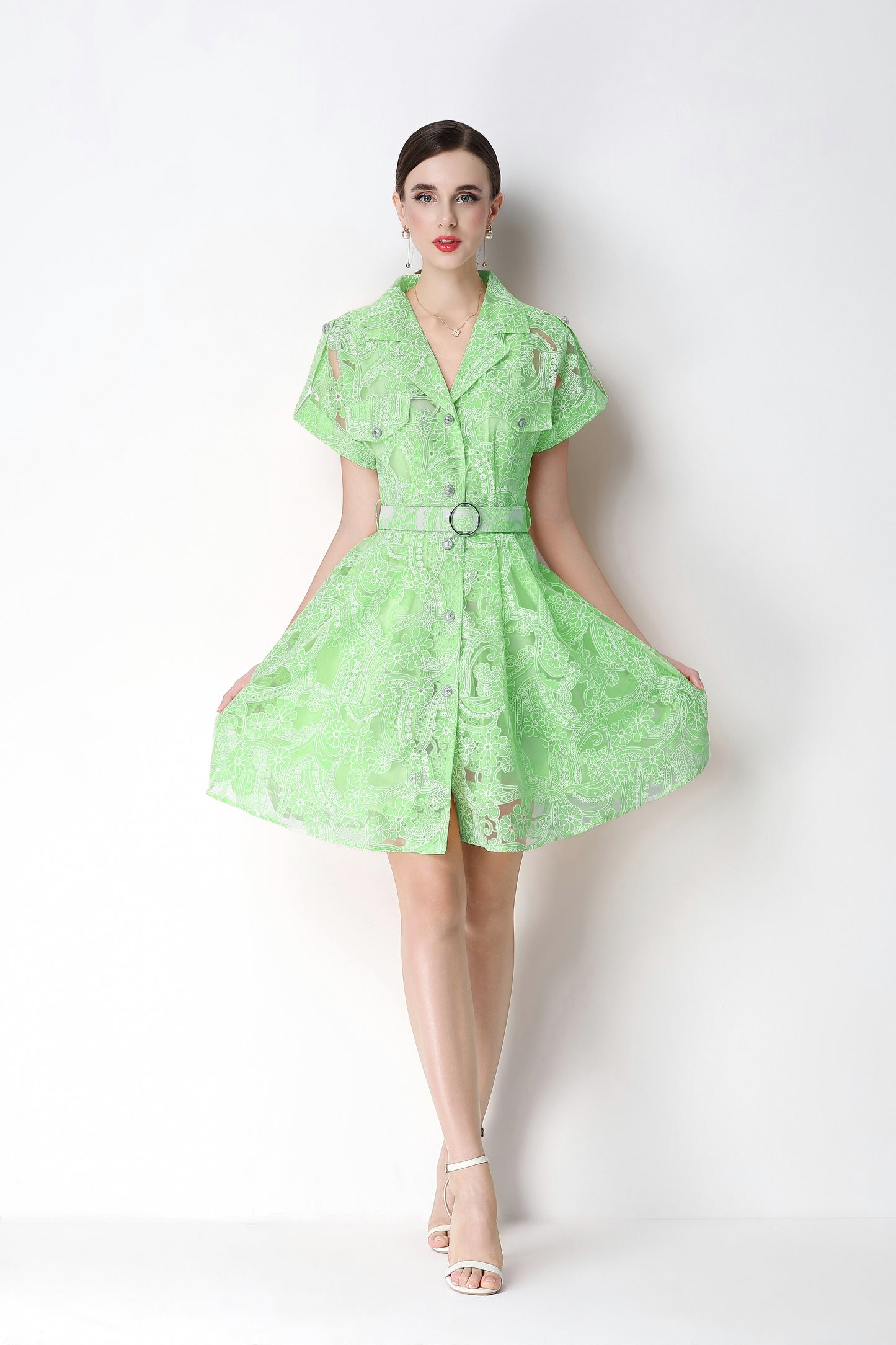 Mint Bloom Lace Mini Shirt Dress