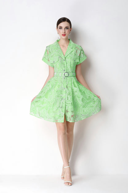 Mint Bloom Lace Mini Shirt Dress
