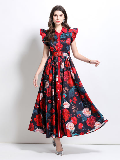 BK-Floral V Neck Sleeveless Ruffles Maxi Dresses