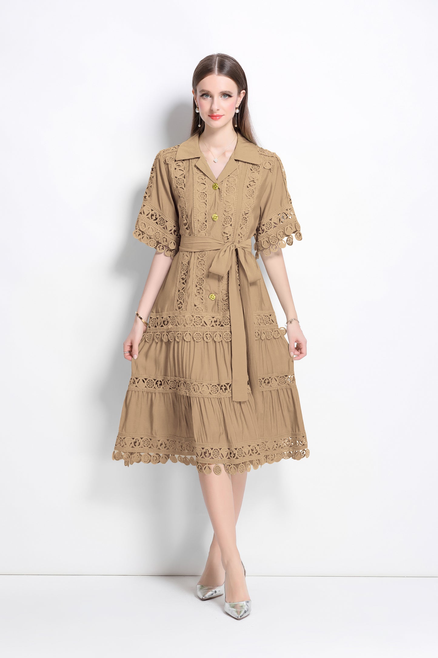 Women's Lace Lapel V-Neck Short Sleeve Midi Dress