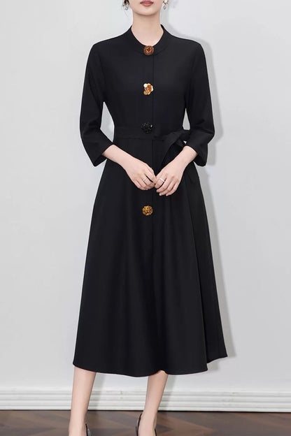 Women's 3/4 Sleeve Button Midi Dress with Pocket