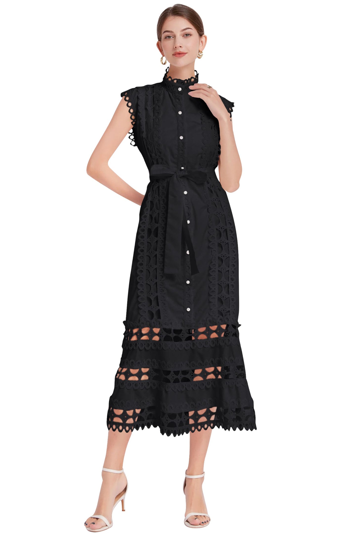 BK-Hollow Lace Button Midi Dress