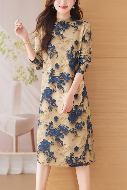 Knit Floral Pullover Elegant Winter Midi Dress