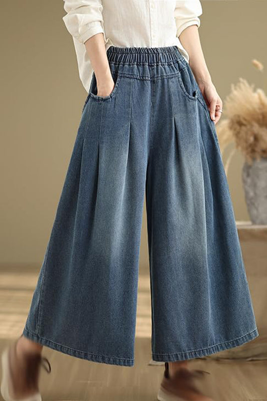 BK-Elastic Waist Double Pocket Wide Leg Trousers