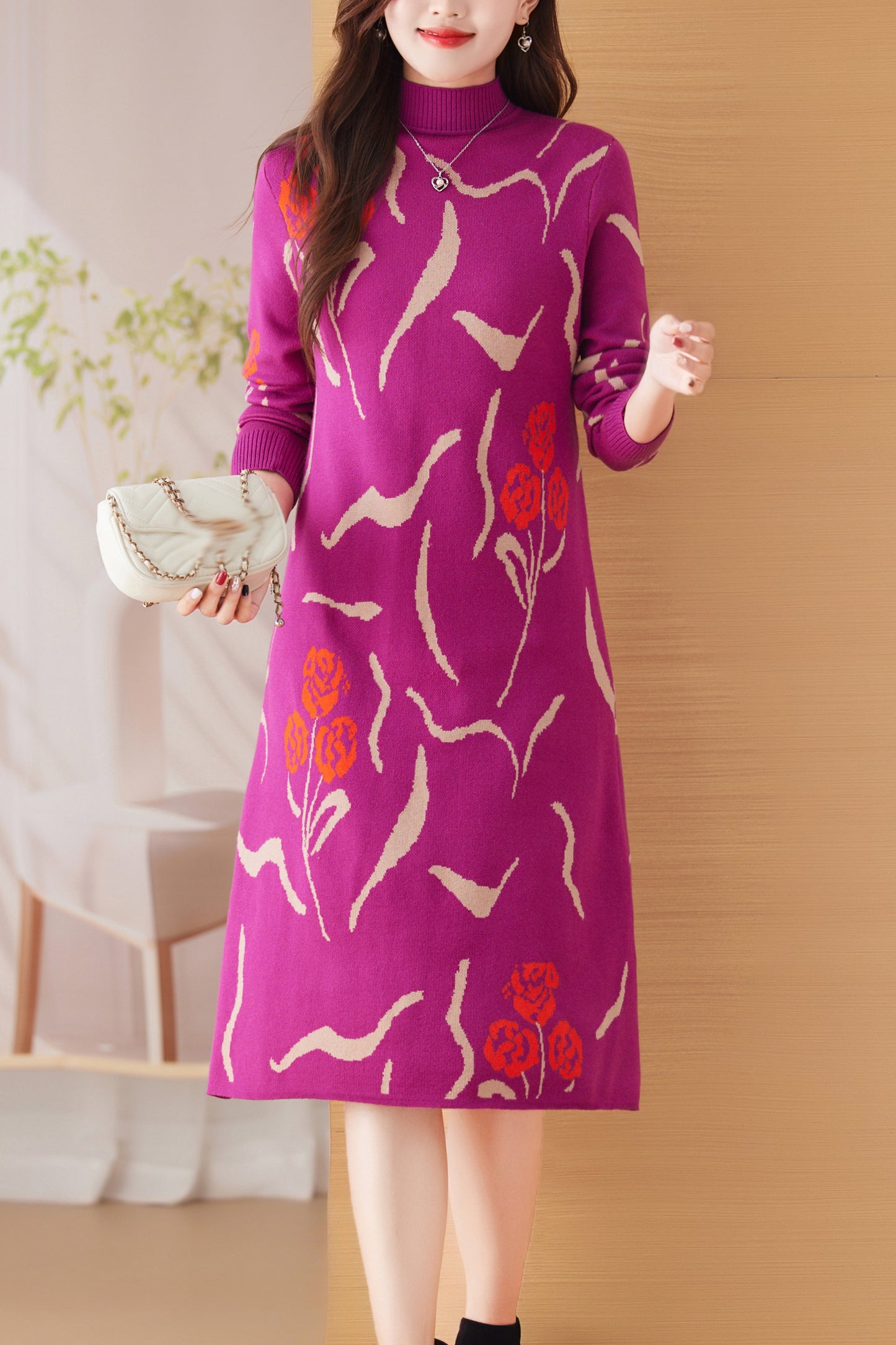 Knit Stretch Pattern Pullover Midi Dress