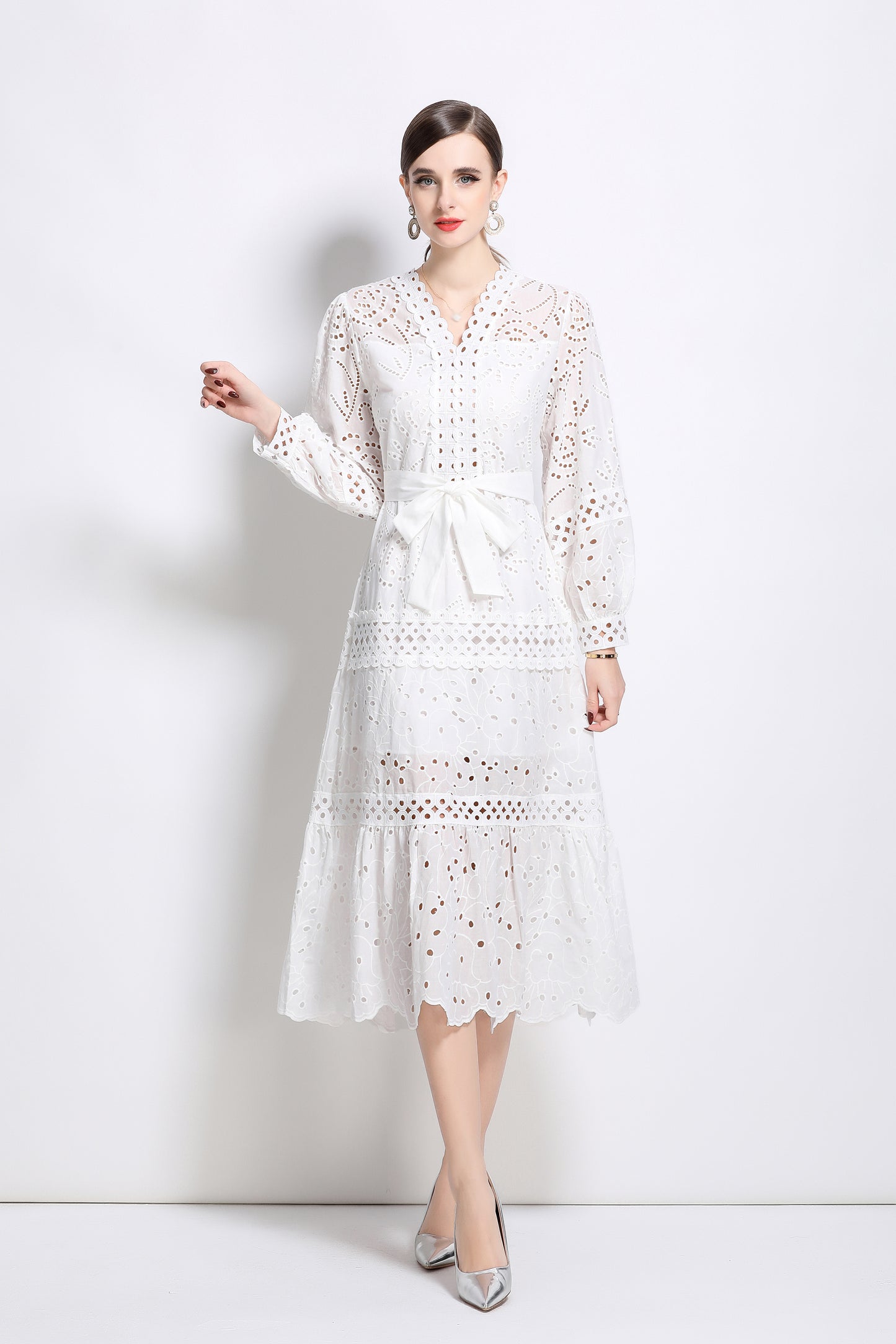 V-Neck Puff Sleeves Hollow Lace Midi Dress