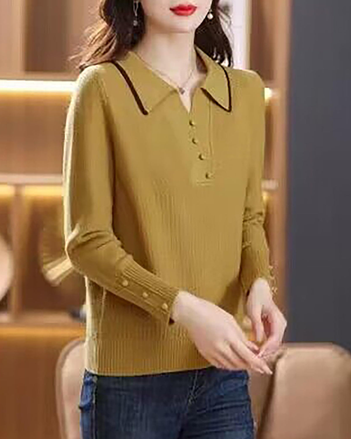 Fine-Knit Polo Top with Contrast Collar & Layered Look Sweater