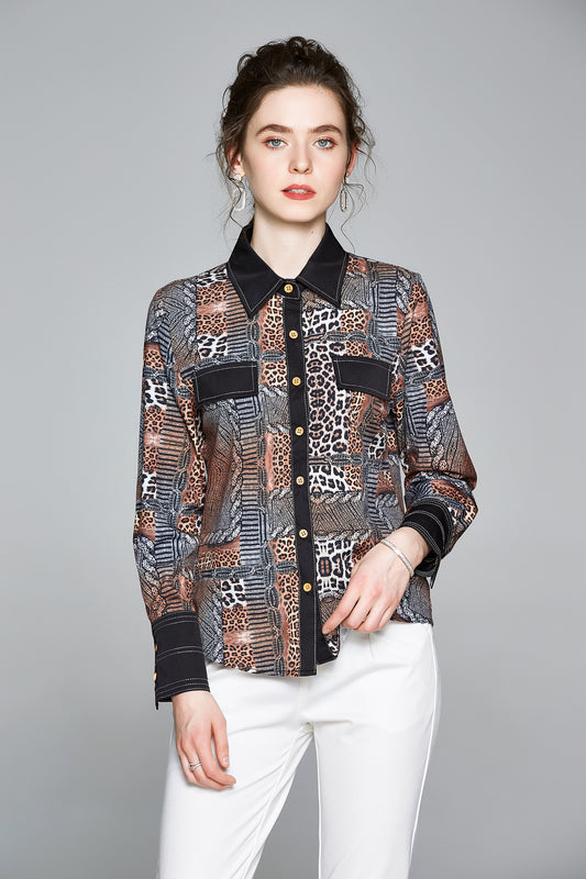 ESY-Women's Shirt Print Long Sleeve Button Blouse