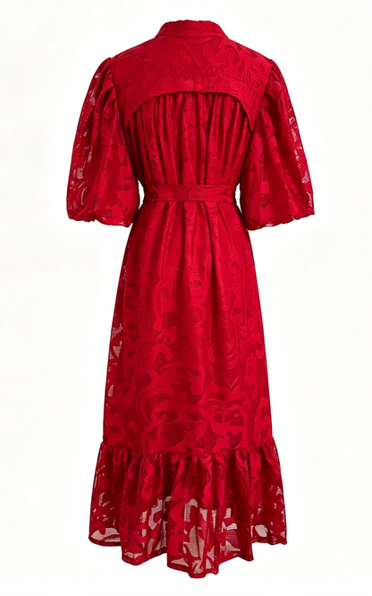 Red Lace Button Front Midi Dress | Elegant Summer Occasion Dress